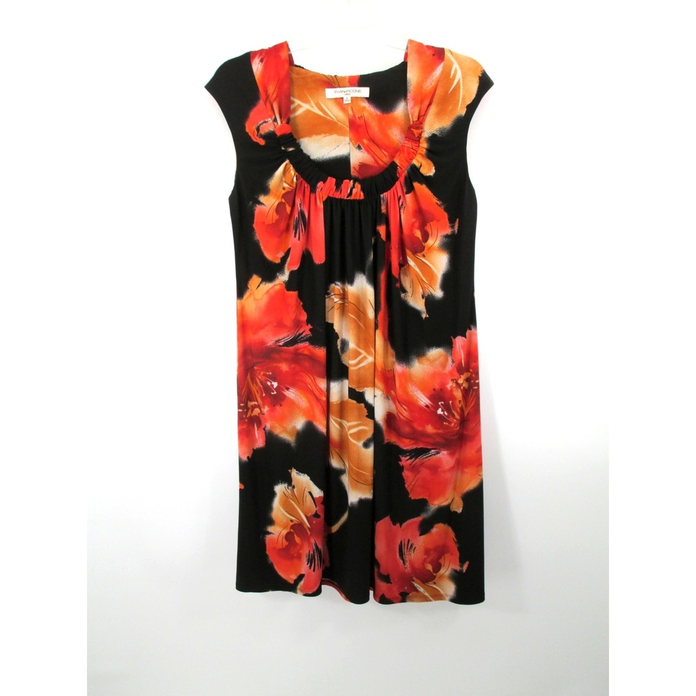 EVAN-PICONE Midi Shift Dress Women Size 8 Black Floral Stretch Tropical Cocktail